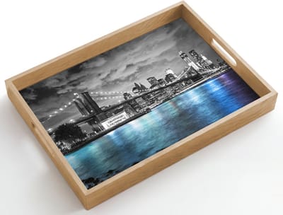 Dienblad hout 50x35 cm - Schootdienblad - New York - Skyline - Stad - Blauw - Borrelplank rechthoek - Plateau dienbladen