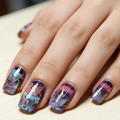 Korte Vierkante Persnagels in Blauw en Paars met Gouden Strepen - 24 Stuks Acryl Kunstnagels voor Volledige Bedekking en Manicure Decoratie