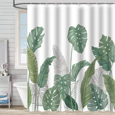 Dailygoods - Douchegordijn, douchegordijn, douchegordijn met groene bloemen, verzwaarde zoom, waterdicht en schimmelbestendig, wasbaar, met oogjes en 12 douchegordijnringen (groene schildpadbladeren)