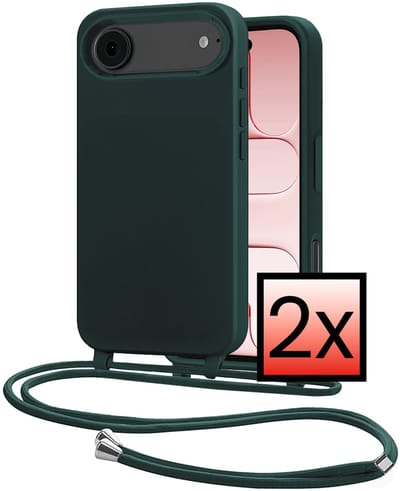 Hoes Geschikt voor iPhone Air Met Telefoonkoord - Siliconen Hoesje Backcover Met Ketting - Donkergroen - 2 PACK
