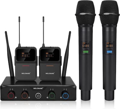Draadloos UHF-microfoonsysteem 4 x 10 frequenties 200 voet bereik 2 handmicrofoons 2 bodypacks koptelefoon lapel zang karaoke DJ