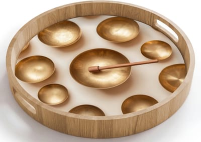 Dienblad rond 40x40 cm - Schootdienblad hout - Symmetrisch - Goud - Brons - Balans - Borrelplank rechthoek - Plateau houten dienbladen