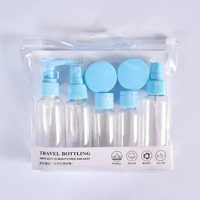Lot de 7 flacons de voyage rechargeables pour produits de toilette, shampoing, gel douche, crème pour les mains, lotion, etc. bleu