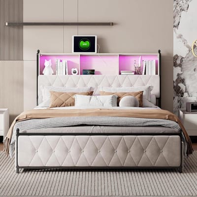 Gestoffeerd Bed - Tweepersoonsbed - Moderne Slaapkamer - Met LED en USB - 160x200 cm - Beige