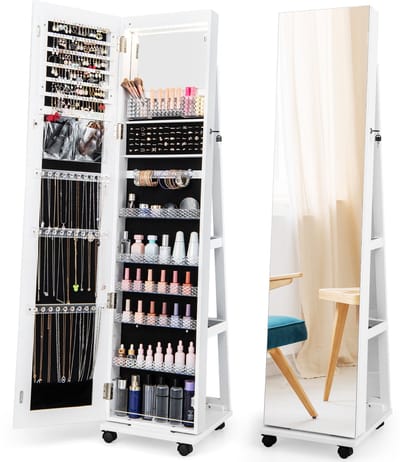 COSTWAY Sieradenkast met wielen, afsluitbare spiegelkast met LED-verlichting & verstelbare planken, staand juwelenkast met spiegel over de hele lengte voor kettingen, oorbellen, make-up (wit)