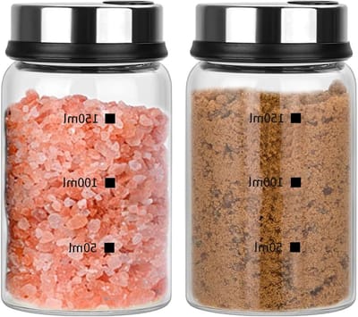 Set van 2 glazen zout- en peperstrooiers van 150ml met draaideksel en 4 soorten gietopeningen, ideaal voor kruidenopslag in de keuken