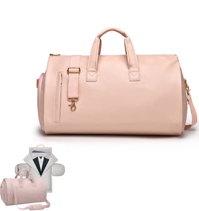 KZQ 2-in-1 leren kledingreistas voor heren en dames - Waterdichte vouwbare garment bag met schouderriem en schoenentas - Geschikt voor pakken en overnachting - Roze