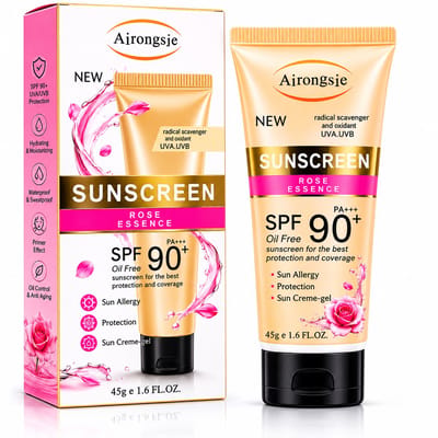 Airongsje Zonnebrand SPF 90+ PA+++,UVB-bescherming | Rozen Geur | Sunscreen Gezicht & Lichaam | UVA UVB Bescherming | Waterbestendige Zonnebrandcrème | Hydraterend | Primer Effect | Tinted Sunscreen | Anti Aging | 45ml