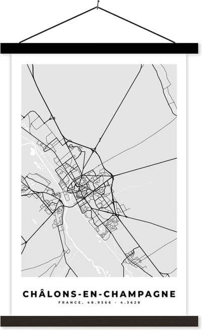 Posterhanger incl. Poster 40x60 cm - Schoolplaat - Frankrijk – Plattegrond – Kaart – Châlons-en-Champagne – Stadskaart - Textielposter - Zwarte latten - Stadskaart