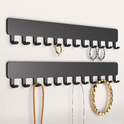 Kettinghouder, sieradenopslag aan de muur, robuuste sieradenorganizer voor halskettingen, armbanden en oorbellen, ruimtebesparende oplossing, eenvoudige kleefmontage, metaal, Zwart