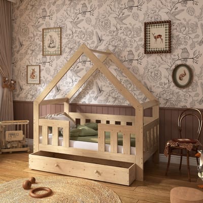 Need Sleep – Huisbed met Lade 70x140 cm – Houten Kinderbed met Hoge Valbeveiliging – Bedhuisje van Massief Hout