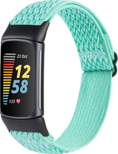 By Qubix - Compatible Fitbit bandje - Geschikt voor fitbit Charge 5 Elastische solo loop nylon bandje - Turquoise - Horlogeband - smartwatchbandje