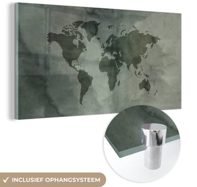 ® Glasschilderij 40x20 cm - Schilderij acrylglas - Wereldkaart - Groen - Grijs - Foto op glas - Muurdecoratie woonkamer - Wanddecoratie slaapkamer - Schilderijen