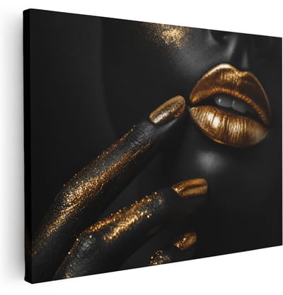 Artaza Canvas Schilderij Gouden Lippen - Abstract - Zwart - 80x60 cm - Wanddecoratie Woonkamer - Schilderijen - Muurdecoratie