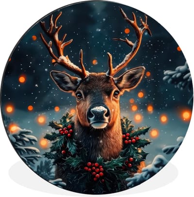WallCircle - Wandcirkel - Muurcirkel - Hert - Kerst - Winter - Sneeuw - Kerstkrans - Aluminium - Dibond - 30x30 cm - Binnen en Buiten