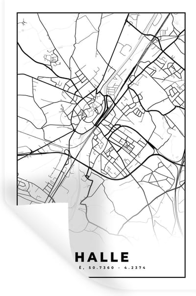 Muurstickers - Sticker Folie - Stadskaart – Plattegrond – België – Zwart Wit – Halle – Kaart - 20x30 cm - Plakfolie - Muurstickers Kinderkamer - Zelfklevend Behang - Zelfklevend behangpapier - Stickerfolie