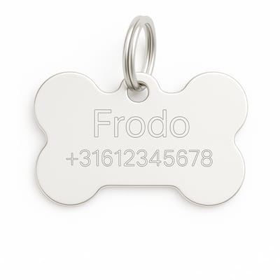 Lovelockers® | Hondenpenning inclusief graveren | Gegraveerde Penning | Bot 40 x 26 mm | Stainless Steel | RVS | Zilver | Luxe honden penning