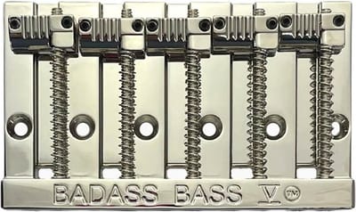 Allparts BB3345001 Leo Quan Badass V 5-snarige Basbrug met Gegroefde Zadels, Nikkel
