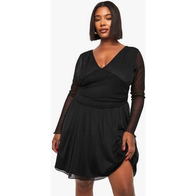 boohoo Dames Plus Plunge Corsetdetail Lange Mouwen Skaterjurk | Black | Maat: 16