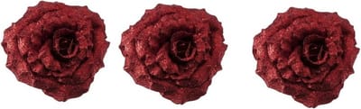 3x Kerstboomversiering bloem op clip rode glitter roos 18 cm - kerstboom decoratie - rode kerstversieringen
