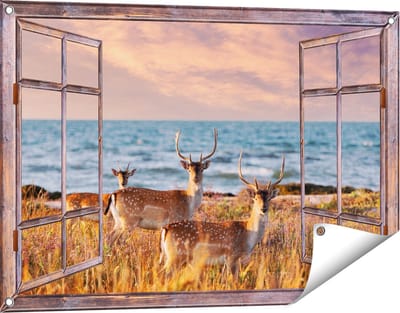 Gards Tuinposter Doorkijk Drie Herten aan de Zee tijdens Zonsondergang - 90x60 cm - Tuindoek - Tuindecoratie - Wanddecoratie buiten - Tuinschilderij