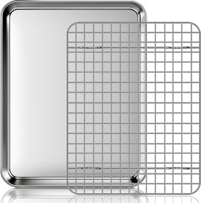 More Bakplaat met Koelrooster, roestvrij staal rechthoekig bakraam, 31,5 x 24,5 x 2,5 cm, taartplaat met deksel, vaatwasmachinebestendig, voor bakken, braden en serveren