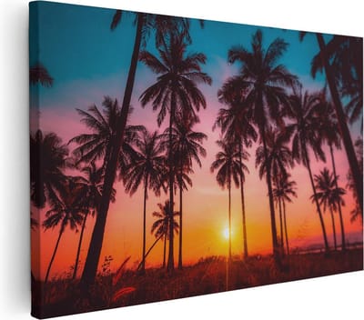 Artaza Canvas Schilderij Zonsondergang Strand - 30x20 cm - Klein - Wanddecoratie Palmboom - Muurdecoratie Zee - Kamer Accessoires