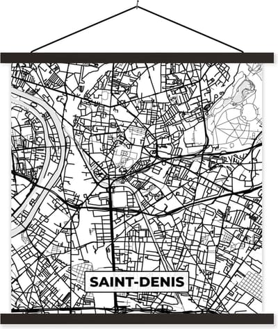 Posterhanger incl. Poster 60x60 cm - Schoolplaat - Stadskaart - Frankrijk - Kaart - Saint-Denis - Plattegrond - Zwart wit - Textielposter - Zwarte latten - Stadskaart