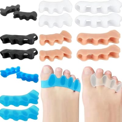 Acht paar siliconen teenspreiders, verkrijgbaar met drie en vijf gaten, in vier kleuren, unisex maat, Geschikt voor voetverzorging en hallux valgus.