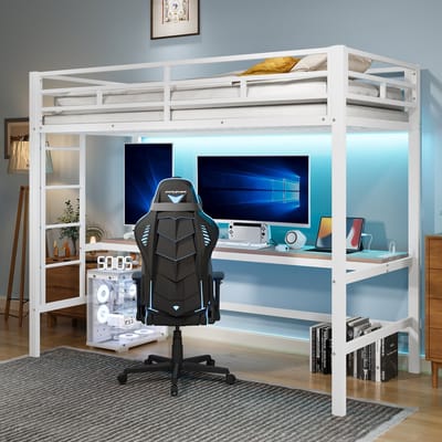 Hoogslaper - 90x200 cm - tafel met USB en stopcontact - met LED-verlichting - zonder matras - metaal - wit