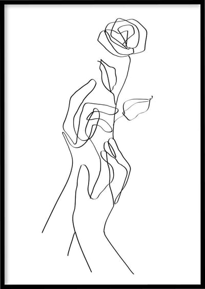 Poster Hands With Rose - 30x40 cm - Line art poster - Abstracte poster - Exclusief fotolijst - WALLLL
