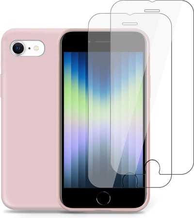 Geschikt voor iPhone SE 2022 Hoesje + 2x Screenprotector – Gehard Glas Cover - Suède Case Rose