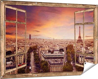 Gards Tuinposter Doorkijk Skyline Parijs met Eiffeltoren - 150x100 cm - Tuindoek - Tuindecoratie - Wanddecoratie buiten - Tuinschilderij