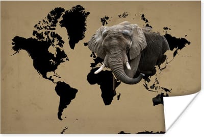Poster 30x20 cm - Wereldkaart - Zwart - Olifant - Posters - Kamer decoratie - Wanddecoratie woonkamer - Muurdecoratie slaapkamer