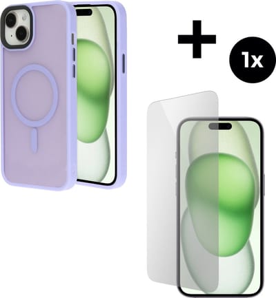 Mobiparts Hardcover MagSafe hoesje geschikt voor Apple iPhone 15 Plus - MagSafe - met 1 Screenprotector van Gehard Glas - Roze/Purple