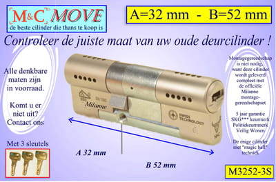 M&C MOVE - High-tech Security deurcilinder - SKG*** - 32x52 mm - Politiekeurmerk Veilig Wonen - inclusief gereedschap MilaNNE montageset