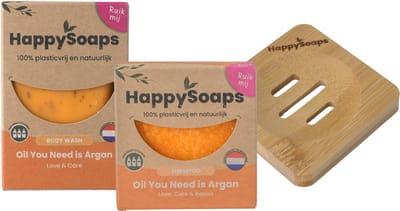 HappySoaps Oil You Need Is Argan – Luxe Verzorgingsset – Shampoo Bar + Body Wash Bar + Bamboe Zeephouder – Natuurlijk & Plasticvrij