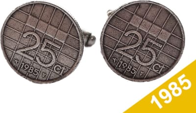 Manchetknopen Kwartje 1985 Verzilverd - Uniek en Stijlvol Sieraad met Jaartal - Cadeau Geboortejaar - Alle Jaartallen Beschikbaar - Doorsnede 1,8 cm