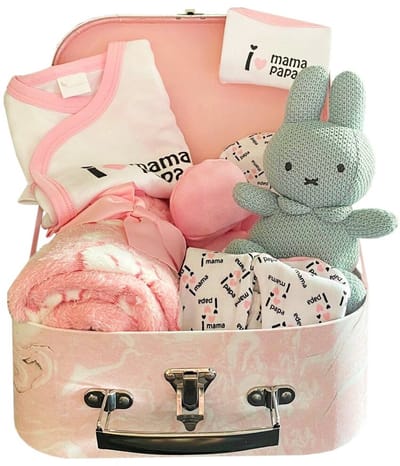 Koffertje gevuld met baby artikelen - Marmer-roze kleur - 20cm.