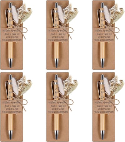 Houten Balpen met Gravure en Droogbloemen - Perfect als Afscheidsgift voor Docent, Collega of Vriend (6 Sets)