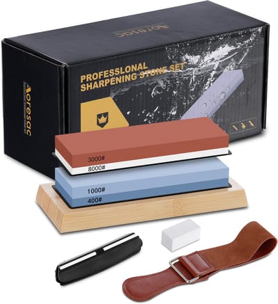 Messenslijpsteen Set – 400 1000 3000 8000 Korrel – Voor Scherp Slijpen – Met Lederen Strop en Houder – Voor Keukenmessen