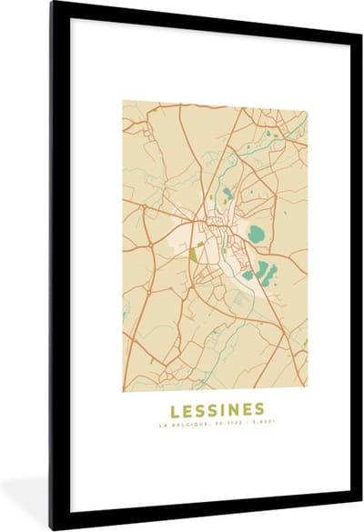 Fotolijst incl. Poster - Kaart - Plattegrond - Stadskaart - Vintage - Lessines - 80x120 cm - Posterlijst