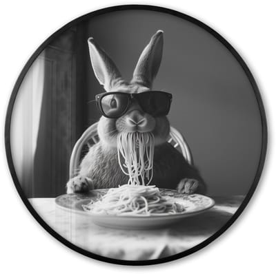 Poster in lijst Rond - Fotolijst 60x60 cm - Posters - Konijn - Bunny - Zonnebril - Tafelkleed - Pasta - Schattig - Ronde posterlijst zwart - Decoratie - Wanddecoratie woonkamer - Muurdecoratie slaapkamer