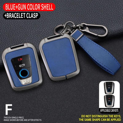 Étui Coque de Protection en Alliage de Zinc et Cuir pour Clé Intelligente de Voiture Bmw Série I3 I8 Porte-Clés Accessoires Intérieur Voiture blue