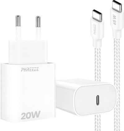 20w oplader met usb C poort met usb C kabel 1 meter gevlochten wit - Usb C naar usb C - Snellader