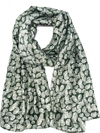 Lange dames sjaal Kamela gingko bladmotief groen goud mos mint stone