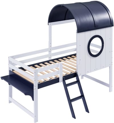 Kinderbed 90X200 cm Zonder Matras Eenpersoonsbed Wit Zwart Blauw Massiefhout MDF Huisbed Met Dak En Raam Onderlade Op Rollen Praktische Tweestaps Schuine Ladder Voor Kinderkamer