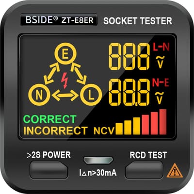 BSIDE Elektrische stopcontacttester Stopcontacttester Digitaal LCD-scherm met NCV-test RCD-test Polariteitstest EU Plug black