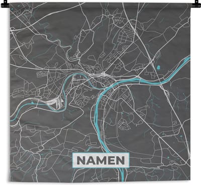 Wandkleed - Wanddoek - Kaart – Plattegrond – Stadskaart – Namen – België - Grijs - 180x180 cm - Wandtapijt