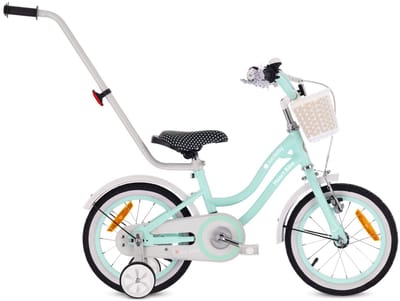 Heart Bike Fiets voor een meisje van 3 tot 5 jaar, 14 inch Mint, met fietsbel, zijwieltjes, duwstang en stuurmandje
